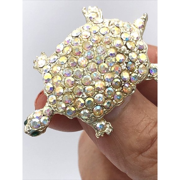 Vintage Turtle AB Glass Rhinestone Brooch Pin Goldtone Figural Animal - Picture 7 of 9